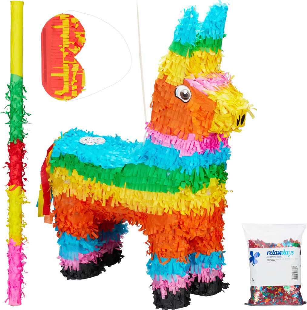 4 tlg. Pinata Set Lama, XXL Konfetti Sack, Pinatastab mit Augenmaske, Geburtstagspinata Esel, Stock & Augenbinde, bunt
