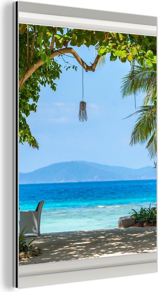 MuchoWow Wanddekoration Metall Metallbild Wandkunst 60x90 cm Aussicht - Baum - Meer - Palme - Hügel - Strand - Blau MuchoWow Aluminium Gemälde - ...