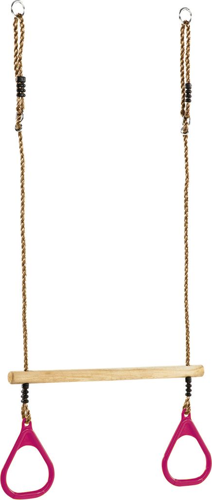 A product shot of a wooden trapeze bar with pink rings and rope hangers, isolated on a white background.