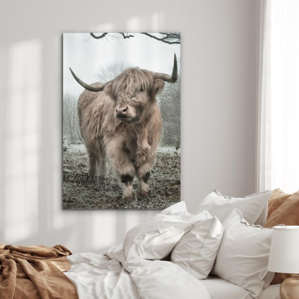 MuchoWow Wanddekoration Metall Metallbild Wandkunst 80x120 cm Schottisches Hochlandrind - Wald - Nebel - Kuh - Tiere - Natur MuchoWow Aluminium Gem...