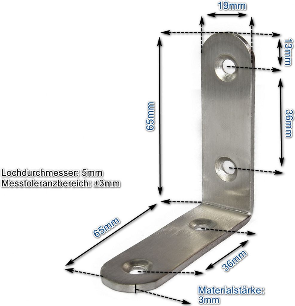 Edelstahl Winkel 65x65x19mm V2 (VE 1Stk) 3x einsetzbar als Lochwinkel, Metallwinkel, Balkenwinkel, Verbinder, Winkelverbinder
