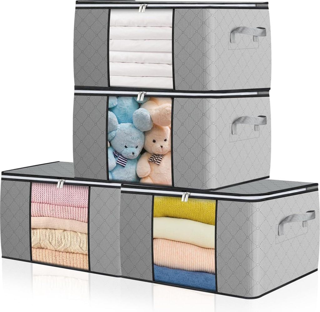 90L Große Aufbewahrungsboxen mit Deckel - 4er Pack - Verstärkter Griff - Faltbare Umzugsboxen - Transparente Fenster - Kleider, Bettdecken, Decke...