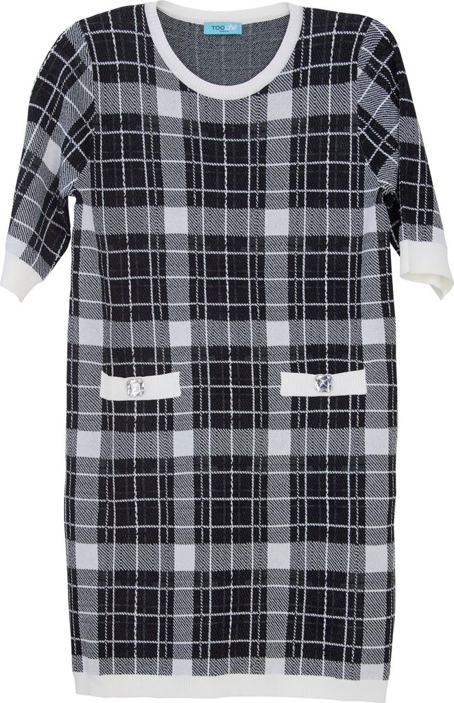 Kleid A Scacchi mit kariertem Muster, Rundhalsausschnitt und kurzen Ärmeln, Schwarz-Grau