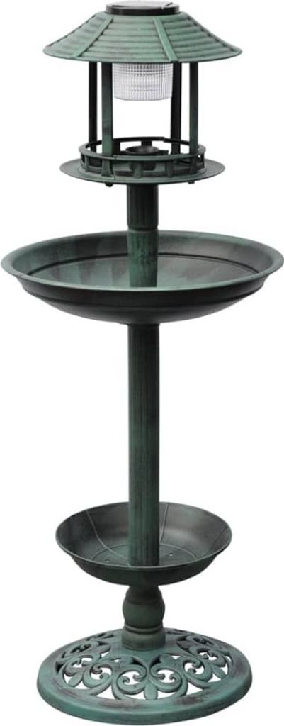 Vogelbad Futterstation mit Solar LED-Lampe, Akku und integrierter Pflanzschale 39x39x97 cm