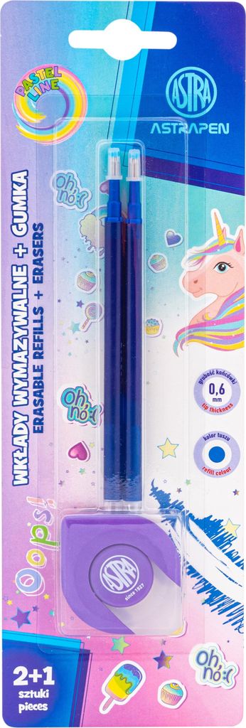 Radierbare blaue Minen 0,6 mm + Radiergummi für radierbare ASTRAPEN Oops! UNICORN-Stifte und -Bleistifte - 2 + 1 Blister 209023904