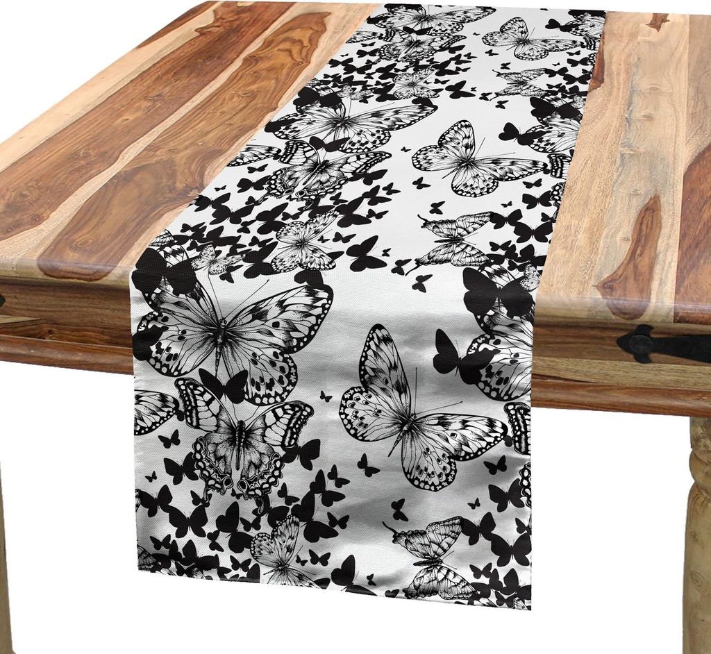ABAKUHAUS Schwarz und weiß Tischläufer, Schmetterling Inspiriertes Motiven Schattenbilder Blumen Skizzen Muster, 40 x 225 cm, Weiß Schwarz