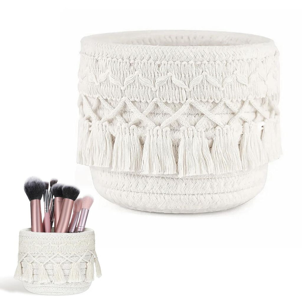 Geflochtener Kosmetik-Pinselhalter, Kamm- & Pinsel-Aufbewahrungsbox, Mini-Aufbewahrungskorb, 2er-Set im Boho-Stil, für Stifte, Bleistifte & Behälter