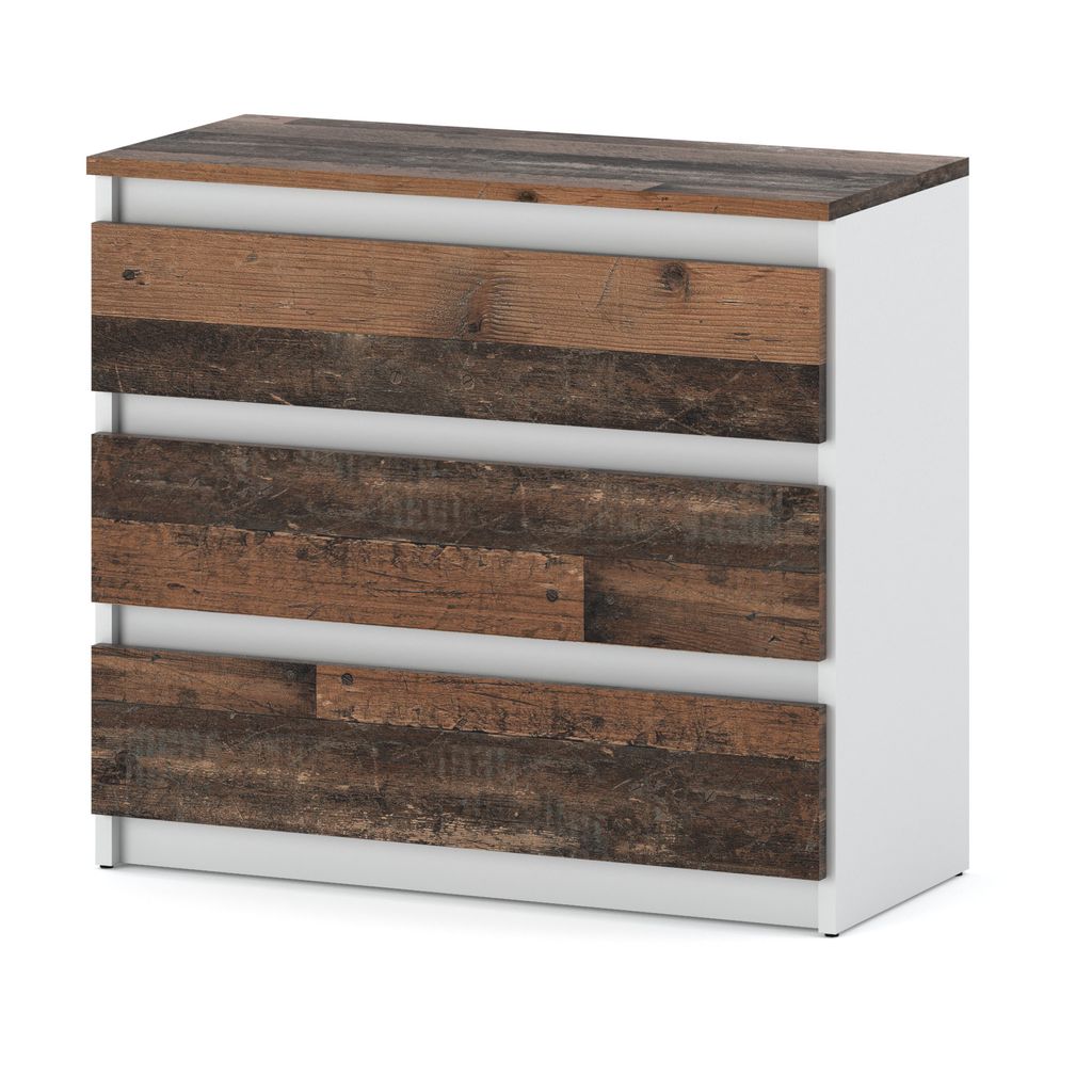 A white dresser with three drawers, each featuring a distressed wood-look front. The top of the dresser also has a distressed wood finish.