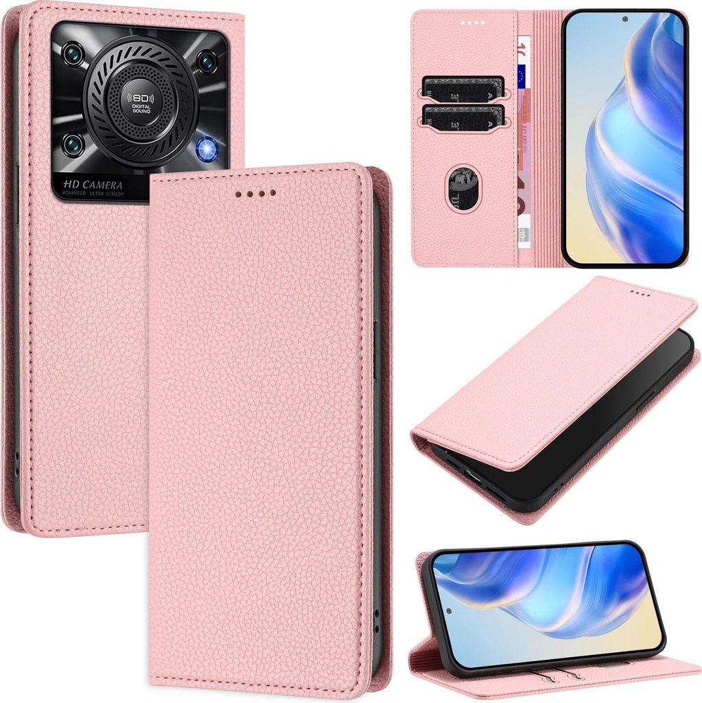 Litchi Leder Handyhülle für Oukitel C60 Wallet Kartenfächer Standfunktion Hülle Pink