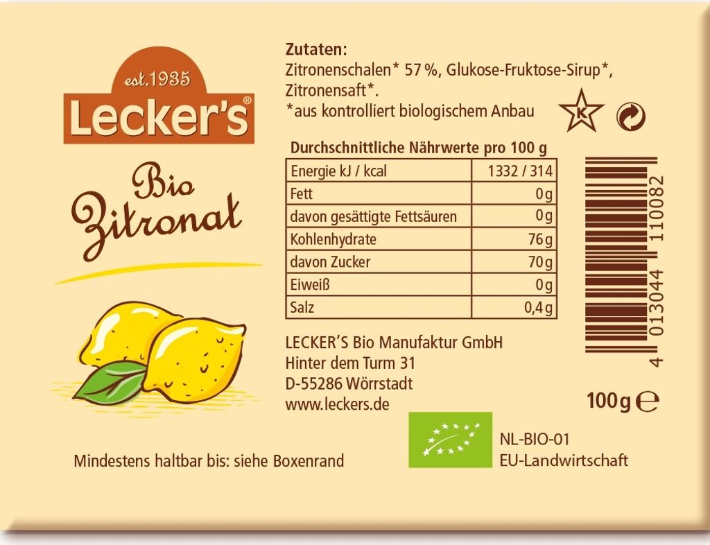 Organiczna kandyzowana skrka cytrynowa Lecker's 100g Zdjęcie produktu 