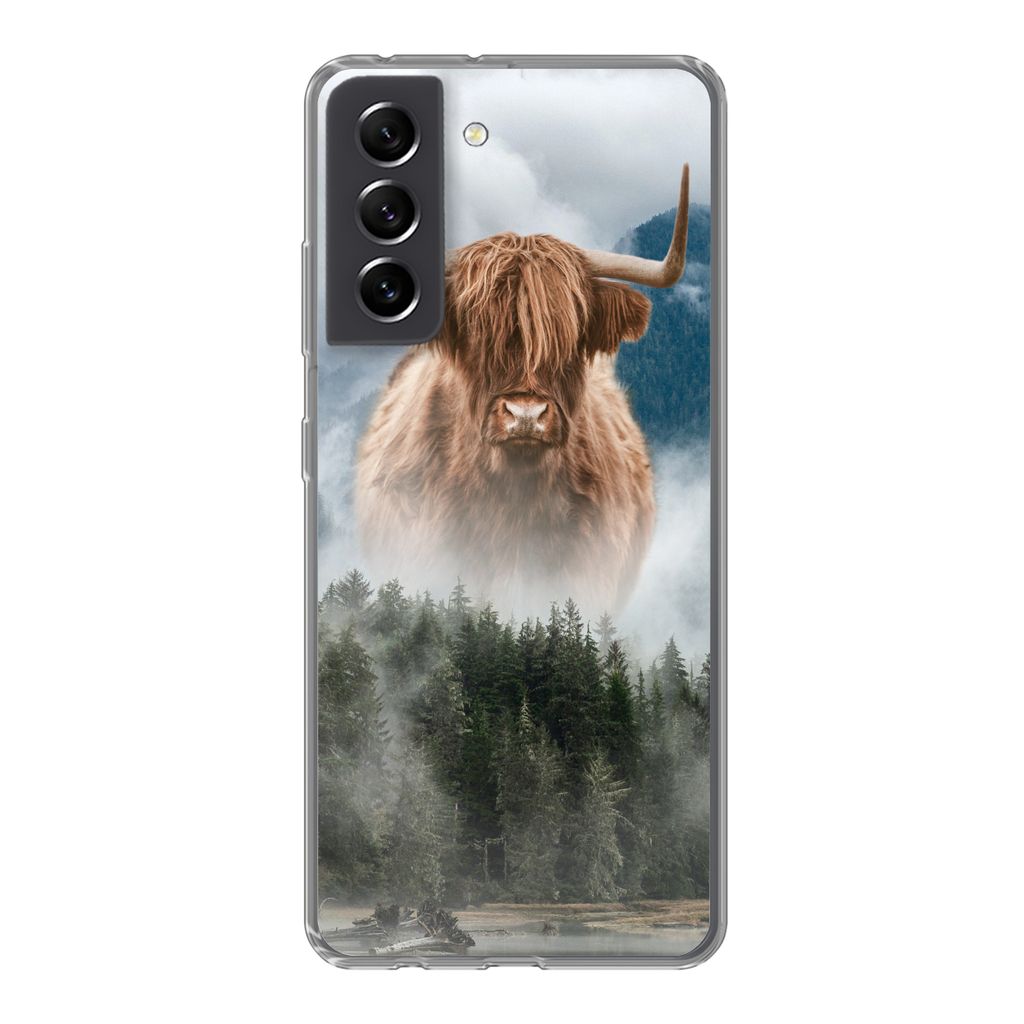 MuchoWow Handyhülle Schutzhülle Hülle für Samsung Galaxy S21 FE Schottische Highlander - Kühe - Nebel Silikon Softcase Handy Hülle - Mobilt...