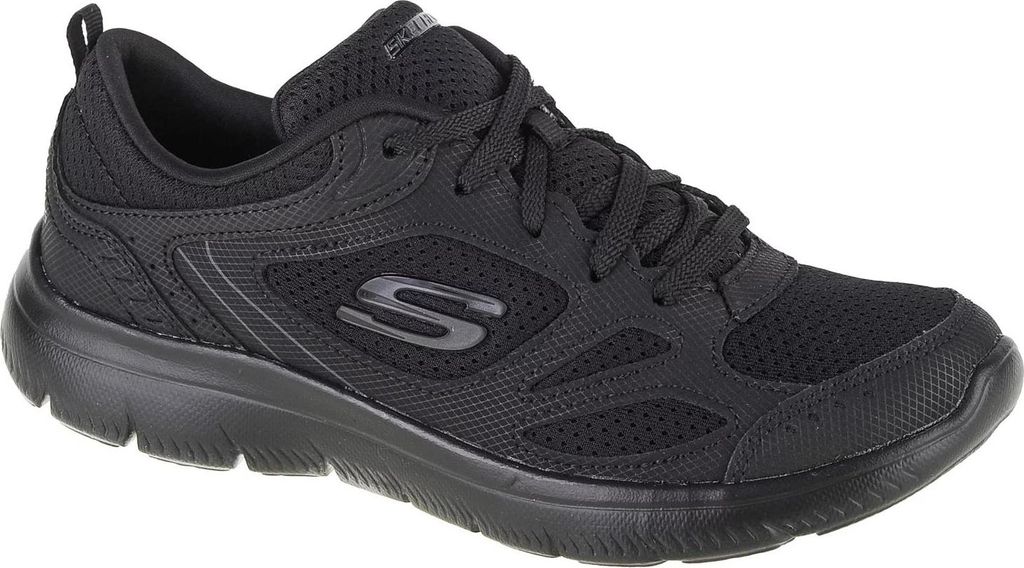 A single black Skechers sneaker is shown from a side-angle on a white background.