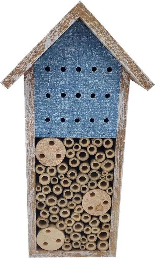 Hôtel à insectes en sapin et bambou durable 15x30x13 cm marron et bleu