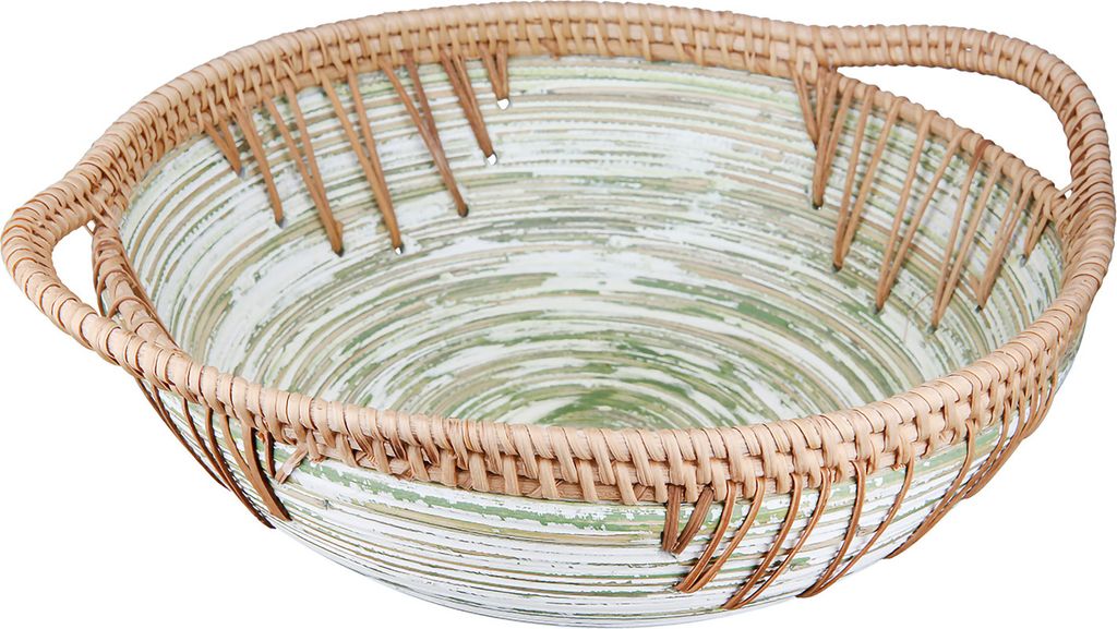 Gilde Schale, rund, "Fortaleza", gestreift, Bambus, Rattan, grün, naturfarben, VE 3, L. 30 cm, B. 35.5 cm, H. 11 cm 51597 4063387515976