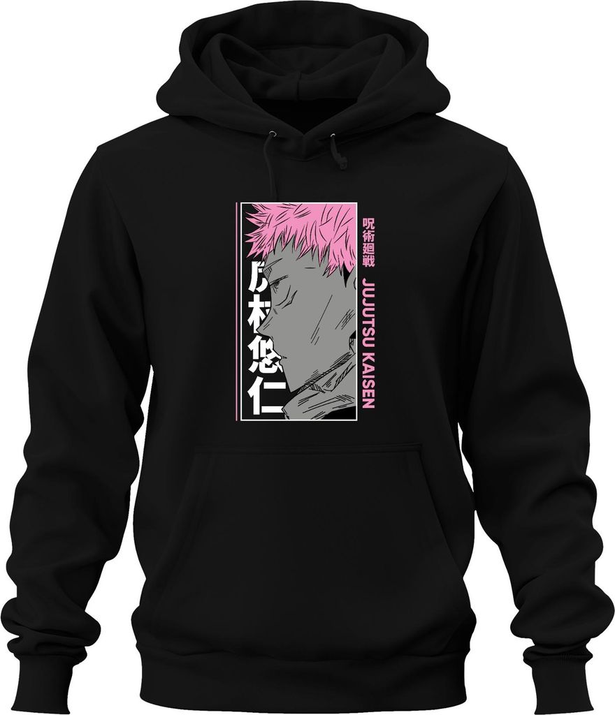 Jujutsu Kaisen Yuji Itadori Anime Porträt rosa Haare Manga Fan Uni Hoodie Kapuzenpullover, Schwarz, S