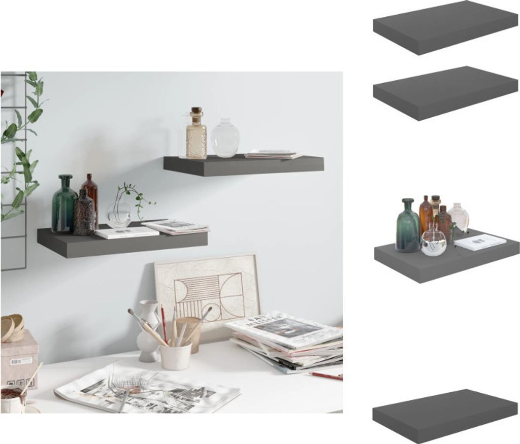 vidaXL Schweberegale 2 Stk. Hochglanz-Grau 40x23x3,8 cm MDF - Wandregale
