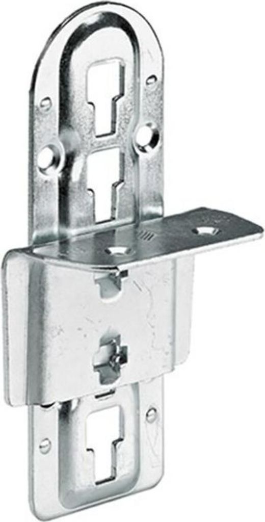 A metal bracket with keyhole slots and a small shelf.