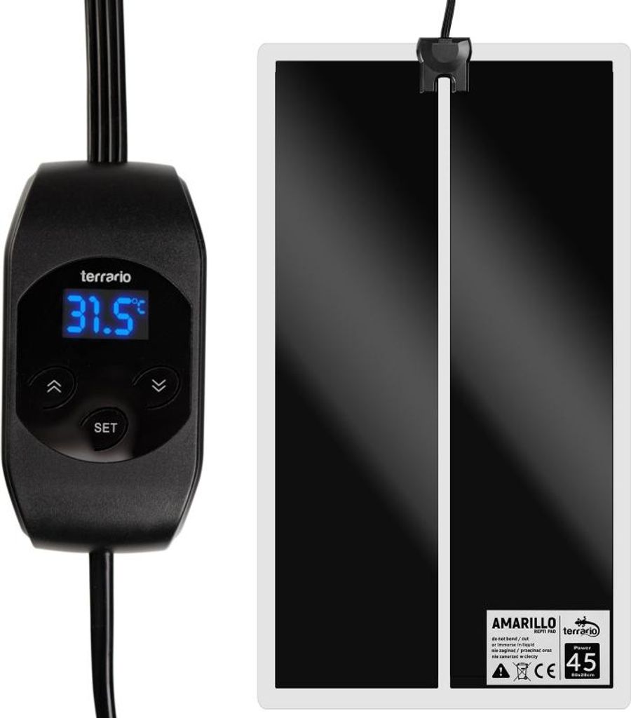 A black heating mat with a digital thermostat and temperature display.