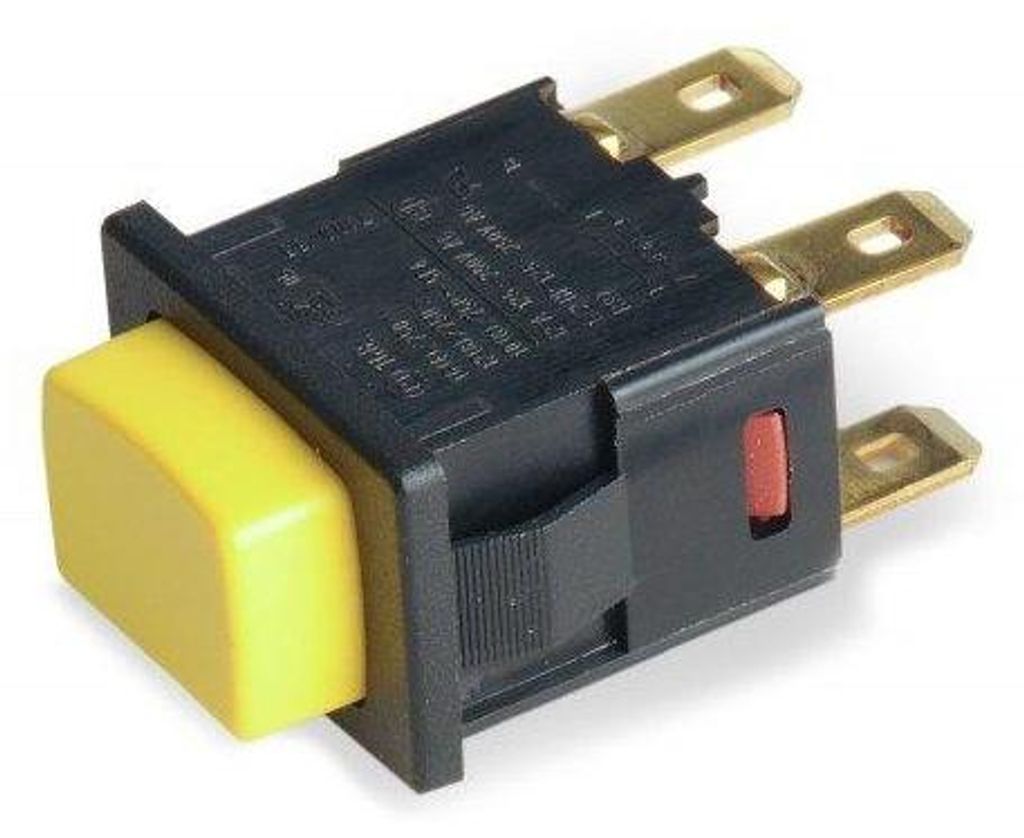 A close-up studio shot of a yellow and black electrical switch with gold connectors.