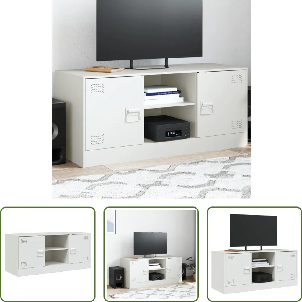 Meuble TV Blanc The Living Store 99x39x44 cm en Acier Robuste Design