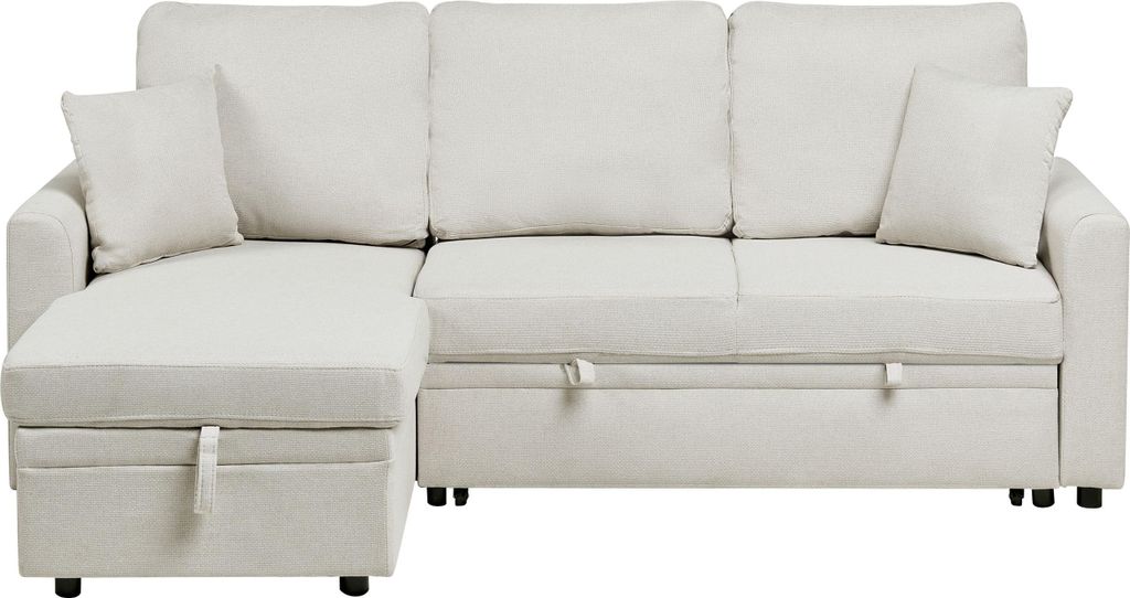 BELIANI Ecksofa mit Schlaffunktion Hellbeige Kunstleinen Stoff L-Förmig 3-Sitzer Sofa Rechtsseitig mit Stauraum Kissen Gepolstert Stoffsofa Schlaf...