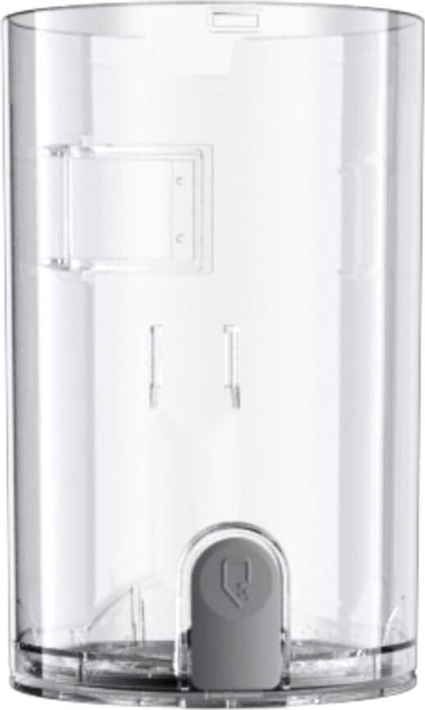 A clear plastic dustbin with a gray release mechanism at the bottom.