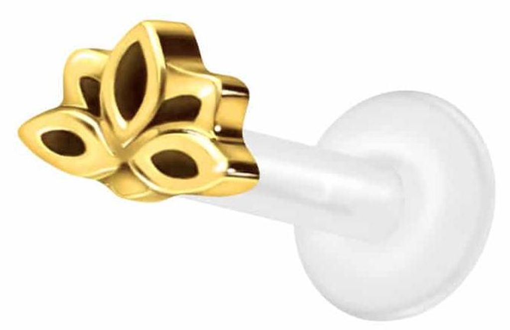 Ohrpiercing, Nasenpiercing PTFE Labret mit Innengewinde + Titan-Aufsatz LOTUSBLÜTE Gold Stablänge: 6mm | Stabstärke: 1,2mm