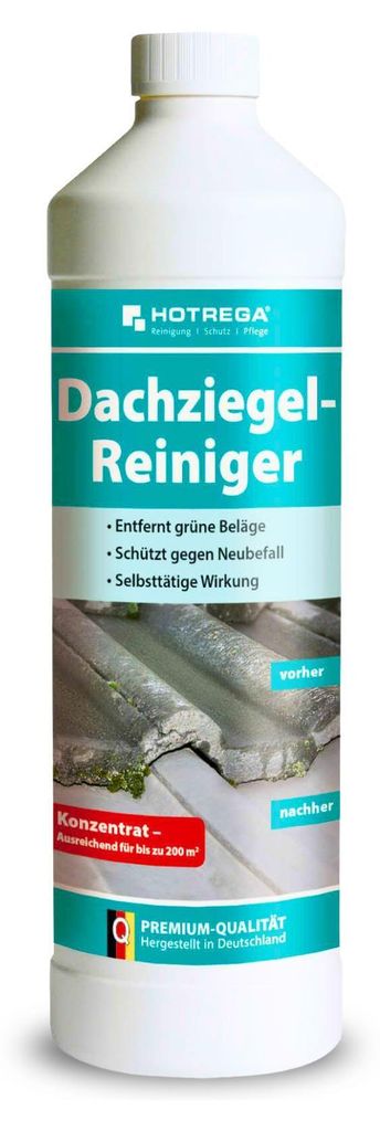 HOTREGA Dachziegel Reiniger Konzentrat 1 Liter | Langzeitschutz gegen Grünbelag, Algen | selbsttätig, säurefrei, chlorfrei, materialschonend