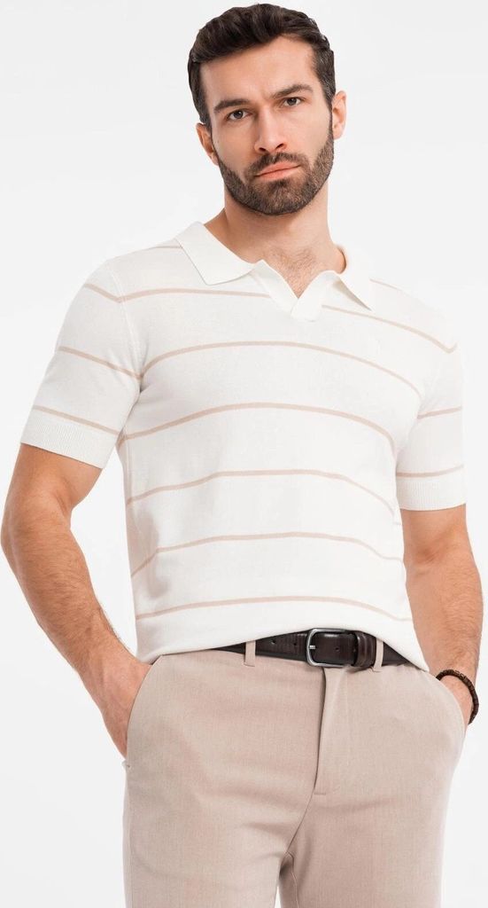 Ombre Clothing Herren-T-Shirt mit Kragen Ulima weiß-beige L