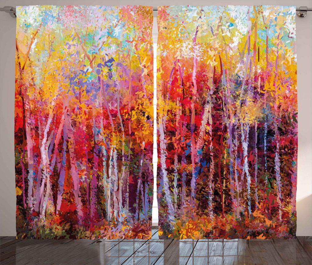 ABAKUHAUS Natur Rustikaler Gardine, Herbst Wald Malerei, Schlafzimmer Kräuselband Vorhang mit Schlaufen und Haken, 280 x 225 cm, Orange Gelb