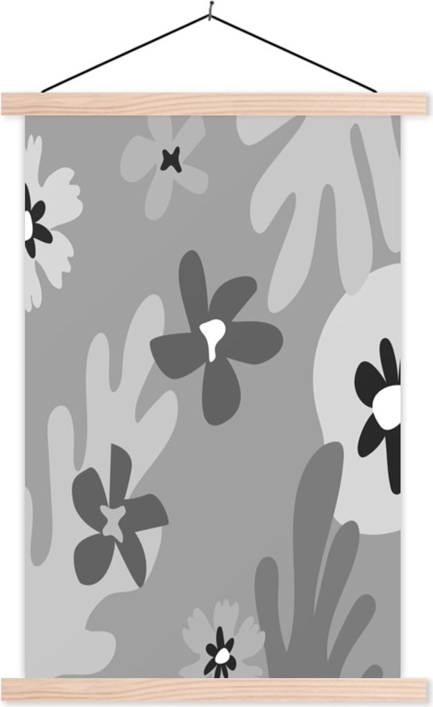 MuchoWow Textilposter Hintergrund - Blumen - Schwarz - Weiß 40x60 cm mit holzfarbenen Rahmen - Poster