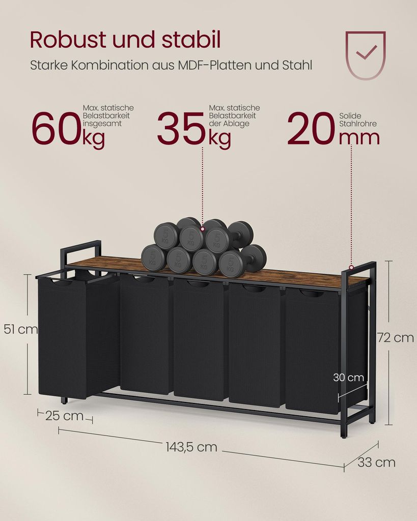 VASAGLE Wäschekorb 5 Fächer, Wäschesammler mit Ablage