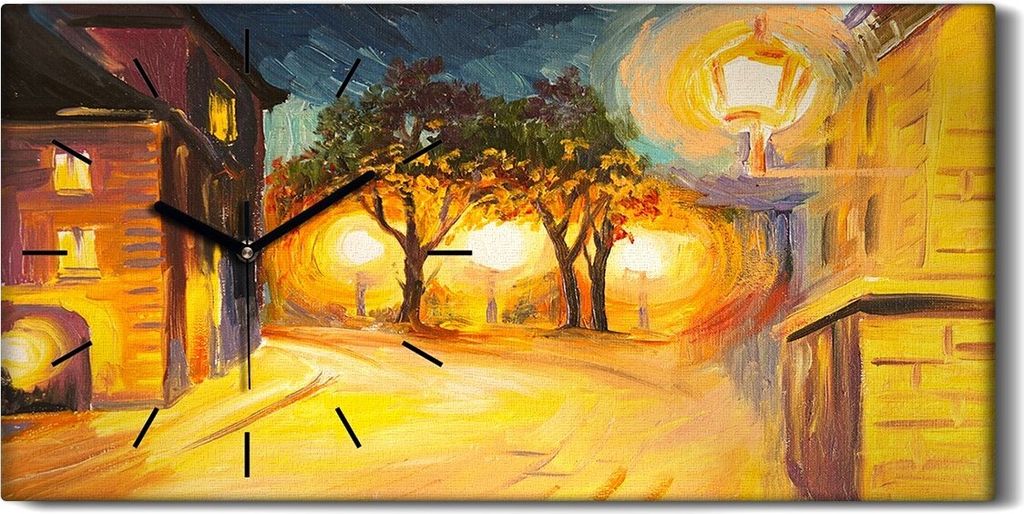Leinwand Uhr Küche Wohnzimmer Bild 60x30 Ölgemälde Stadt Lampen Nacht Bäume - schwarze Hände