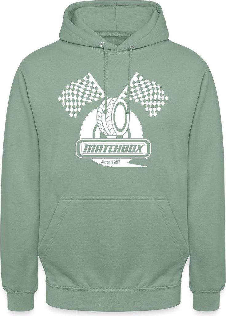 Spreadshirt Matchbox 1953 Mit Zielflaggen Rennen Uni Hoodie, L, Graugrün