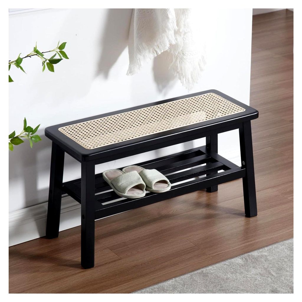 Holzbank aus Rattan für Flur, Wohnzimmer und Schlafzimmer (Schwarz)