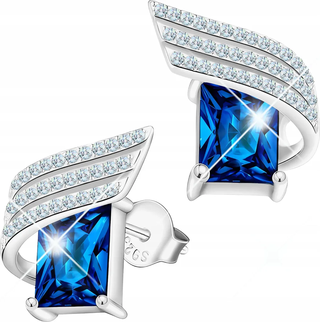 Orecchini d'argento cristalli blu zirconi quadrati ali ARGENTO 925