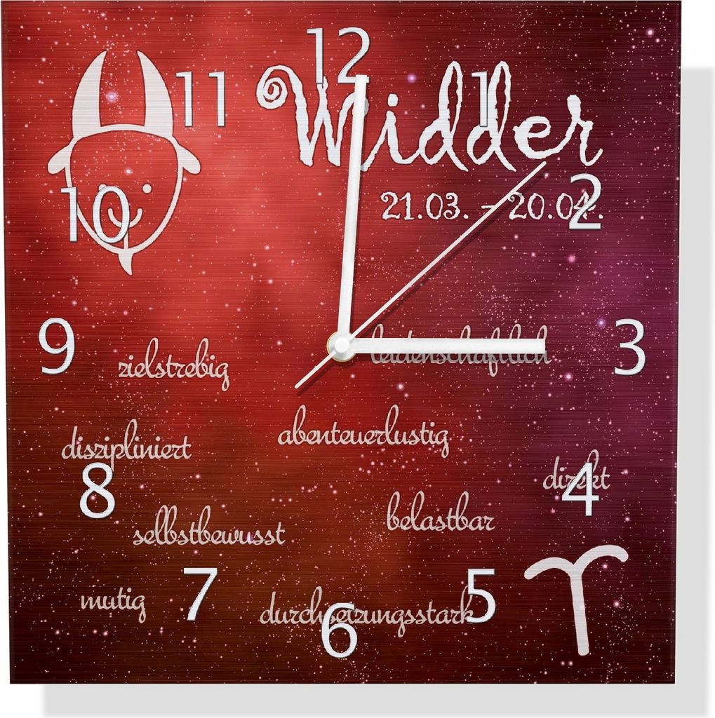 Wallario Design Wanduhr Sternzeichen Widder aus Aluverbund, Größe 30 x 30 cm
