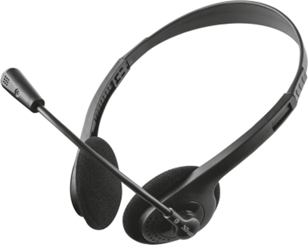 A black headset with a microphone is shown against a white background.