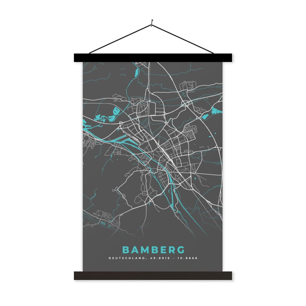MuchoWow Textilposter Deutschland - Blau - Bamberg - Stadtplan - Karte 120x180 cm mit schwarzem Rahmen - Fotos