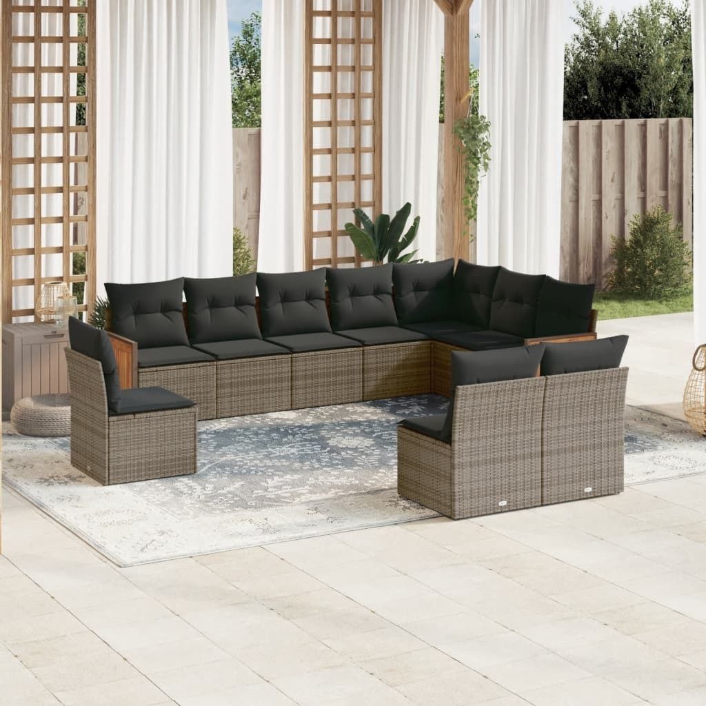 Design 10-tlg. Garten-Sofagarnitur mit Kissen Grau Poly Rattan, Gartenmöbel-Sets 2024 Neu