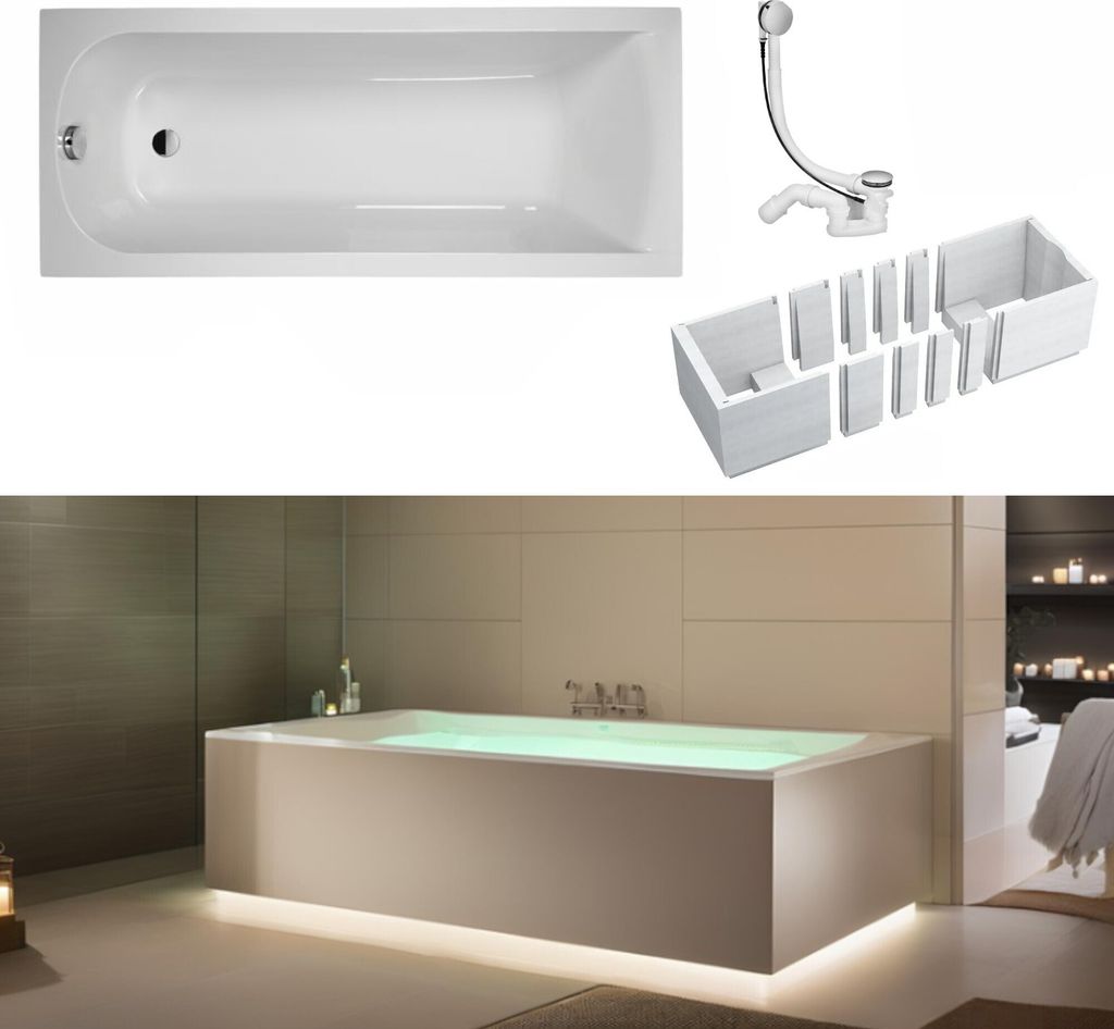 VBChome Badewanne 170 x 70 cm Weiß Acryl Platz für LED-Beleuchtung Styroporträger Wannenträger Siphon Wanne Rechteck Modern Ablaufgarnitur in C...