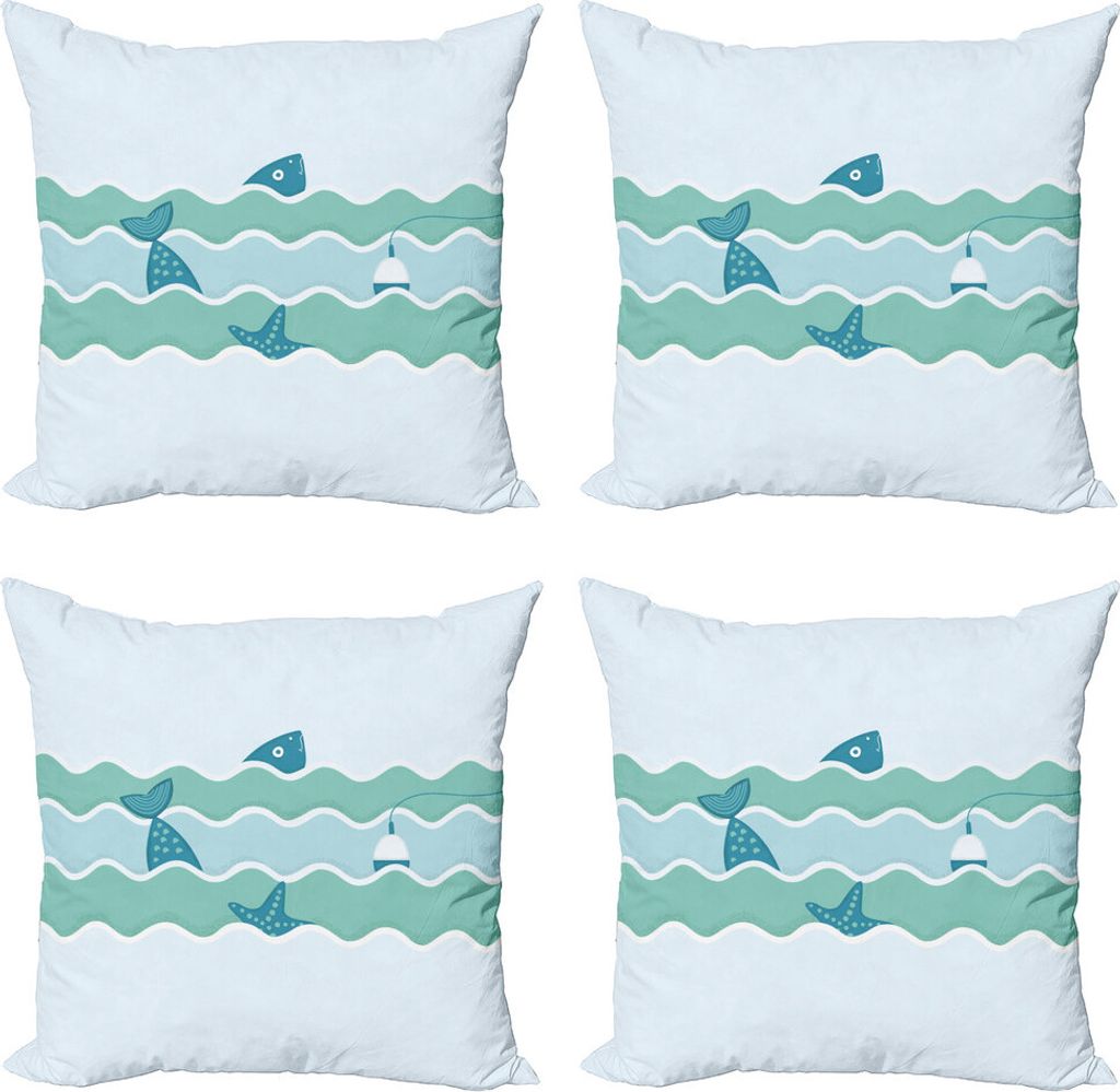 ABAKUHAUS Angeln Kissenbezug Set (4 Stück), Waves Ozean-Fischen-Kunst, Moderner Doppelseitiger Digitaldruck, 45 cm x 45 cm, Hellblau