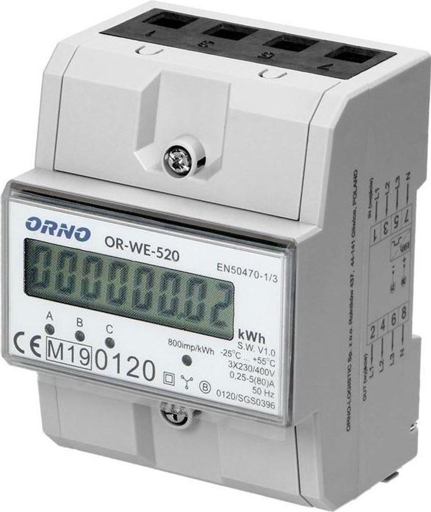 A close-up, slightly angled view of a white and gray digital electricity meter with a black display screen.
