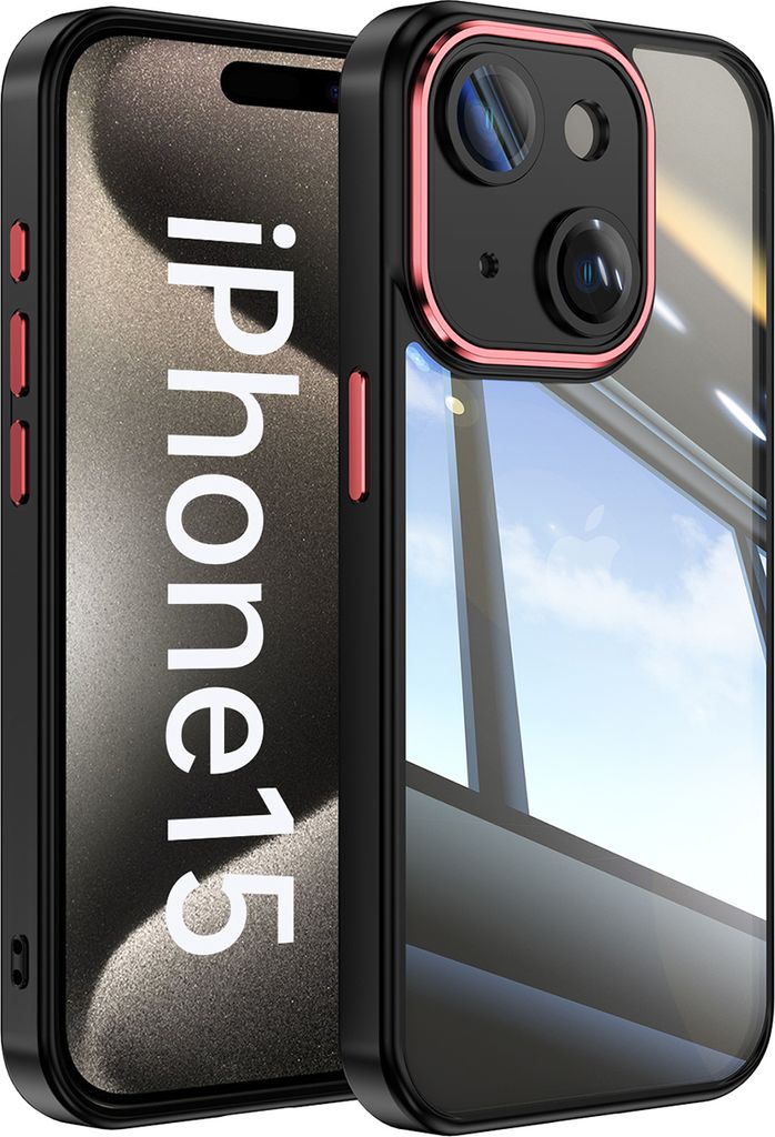 Handyhülle für iPhone 15 Hybrid Transparent TPU PC Militärschutz mit Kameraabdeckung Schwarz Rot