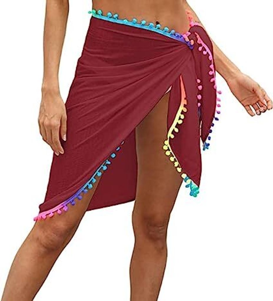Damen Strand Sarong š¹berzug Strandmode R?cke Sommerferien Wickelkleid Badeanzug š¹berzš¹ge mit Quaste Datum rot