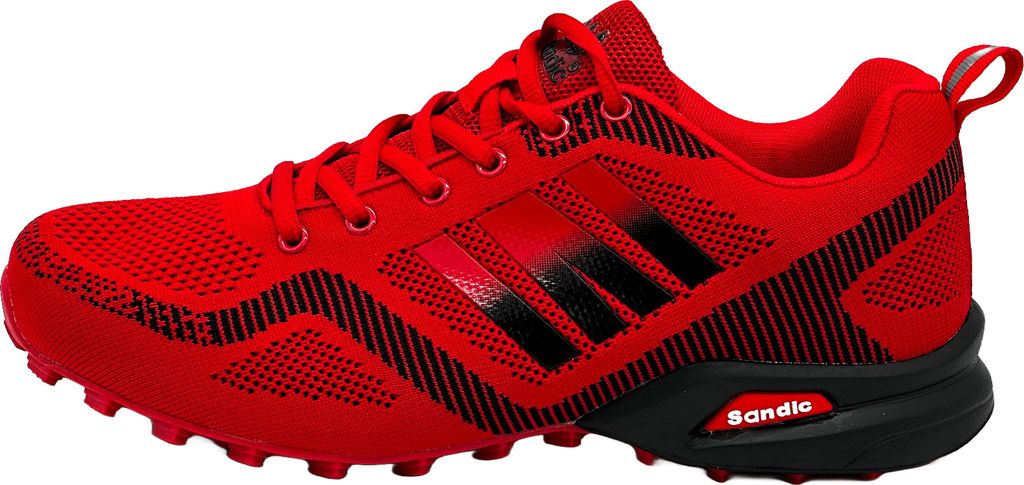 A single red and black athletic shoe shown from the side.