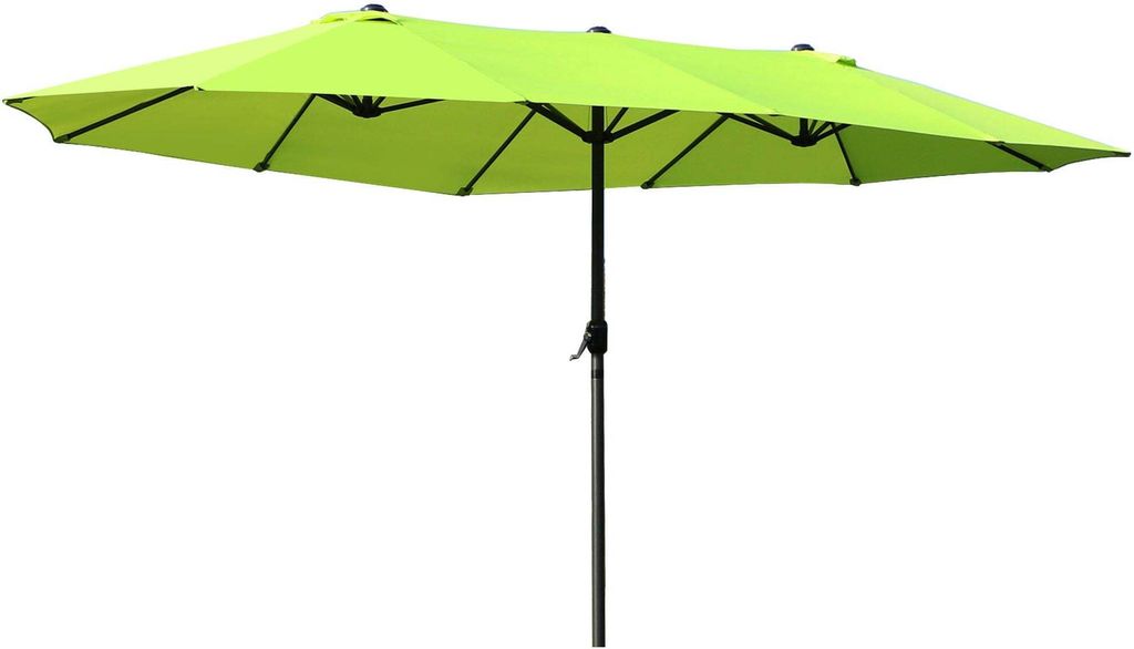 A green, rectangular patio umbrella with a central pole, shown against a white background.