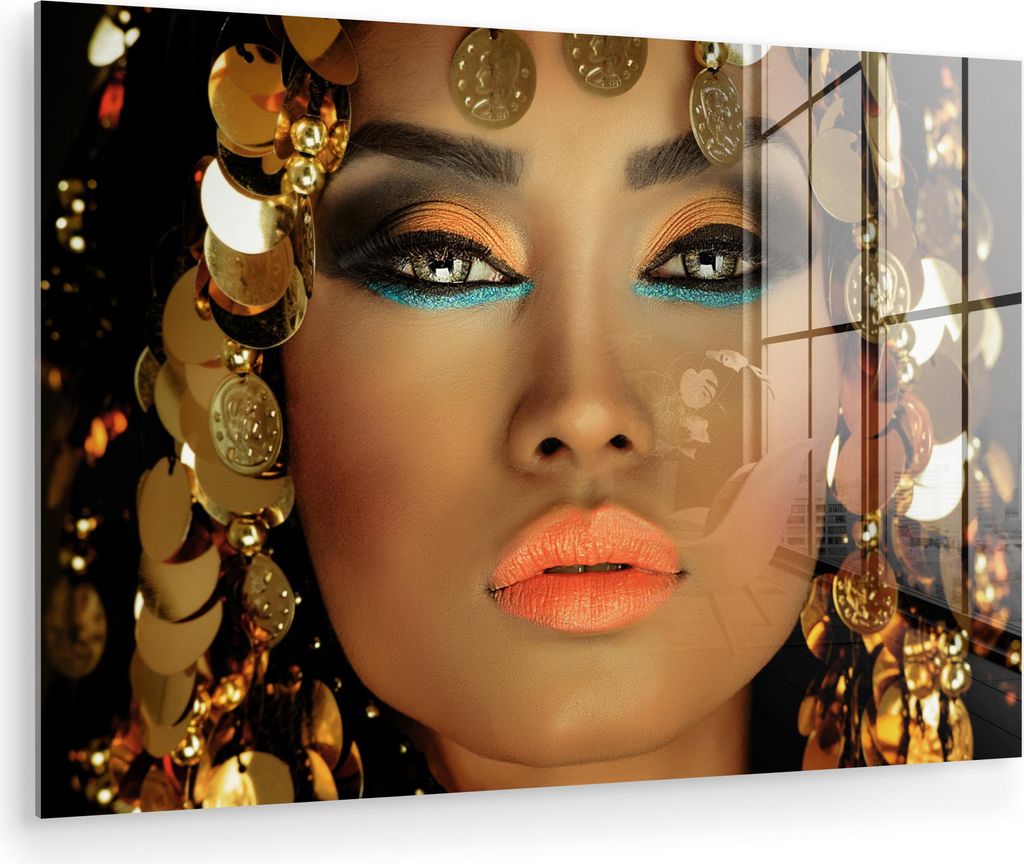 MuchoWow Glasbilder - Bilder auf Wandbild - Foto auf Glas Frau - Kleopatra - Gold - Schmuck - Make-up - Luxus 120x80 cm Wanddekoration aus Glas - A...