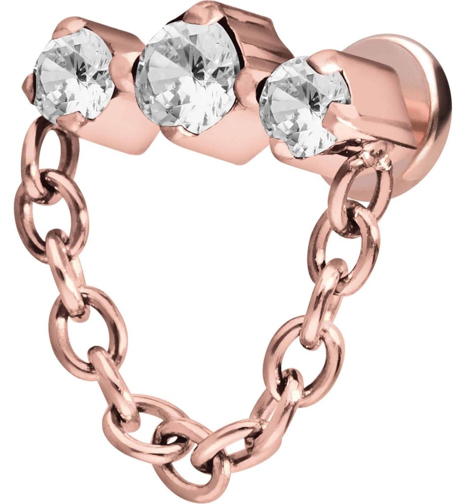 Ohrpiercing, Nasenpiercing Titan Labret mit Innengewinde 3 EINGEFASSTE KRISTALLE + KETTE RoséGold Stablänge: 7mm | Stabstärke: 1,6mm