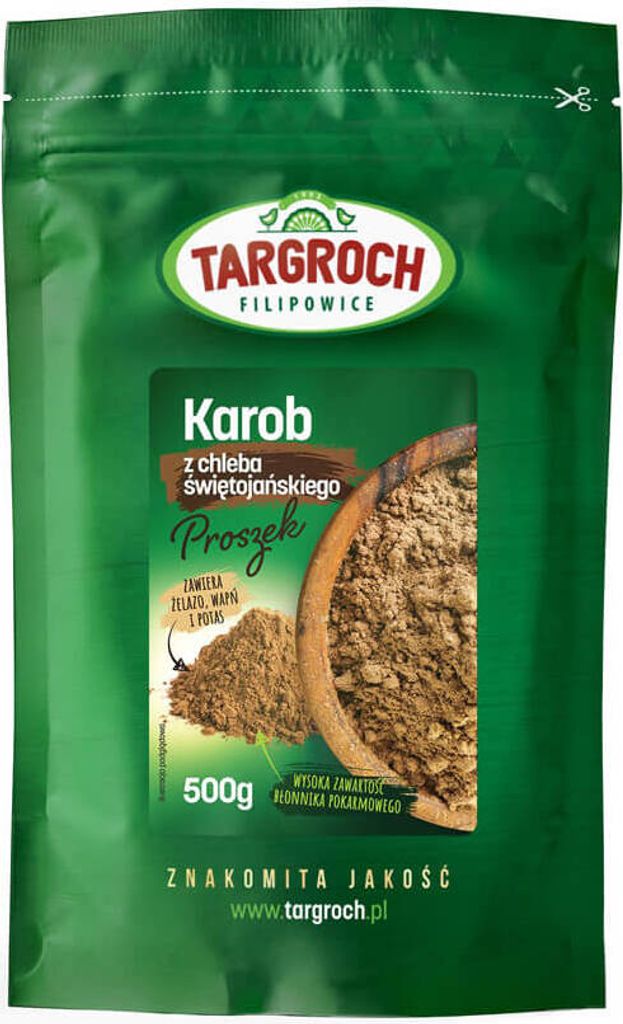 A green resealable bag of carob powder.